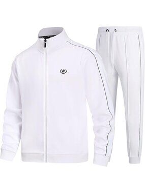 Men's 2 Piece Suit White Slant Pocket Long Sleeve Full Zip Sweatsuit Sports